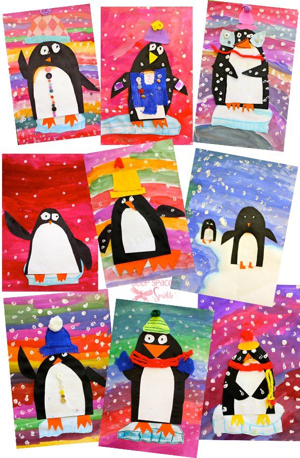 four pictures of penguins in different colors and sizes