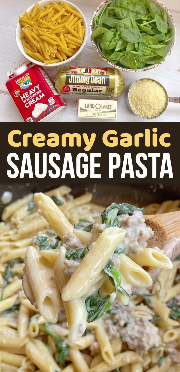 creamy garlic sausage pasta with spinach and other ingredients