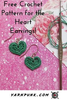 two crocheted heart earrings with the text free crochet pattern for the heart earrings