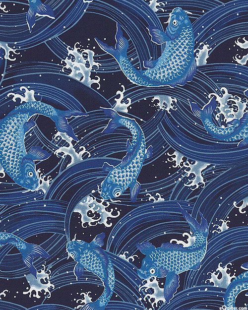 a blue and white pattern with fish on it