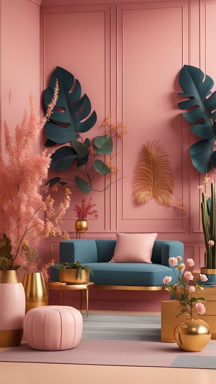 a living room with pink walls, blue couches and potted plants in gold vases