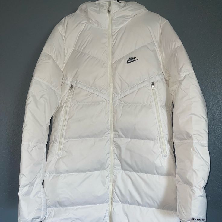 New Nike Sportswear Down-Fill Windrunner Shield Long Down Jacket White Size Small Tall Athleisure Long Sleeve Outerwear For Winter Sports, Winter Sports Long Sleeve Puffer Jacket, White Winter Sport Coat For Outdoor, White Nylon Hooded Jacket For Fall, Sporty Fitted Outerwear For Winter Sports, White Nylon Track Jacket For Winter, Sporty Puffer Outerwear For Winter Sports, White Functional Sport Coat For Winter, Sporty Long Sleeve Down Outerwear