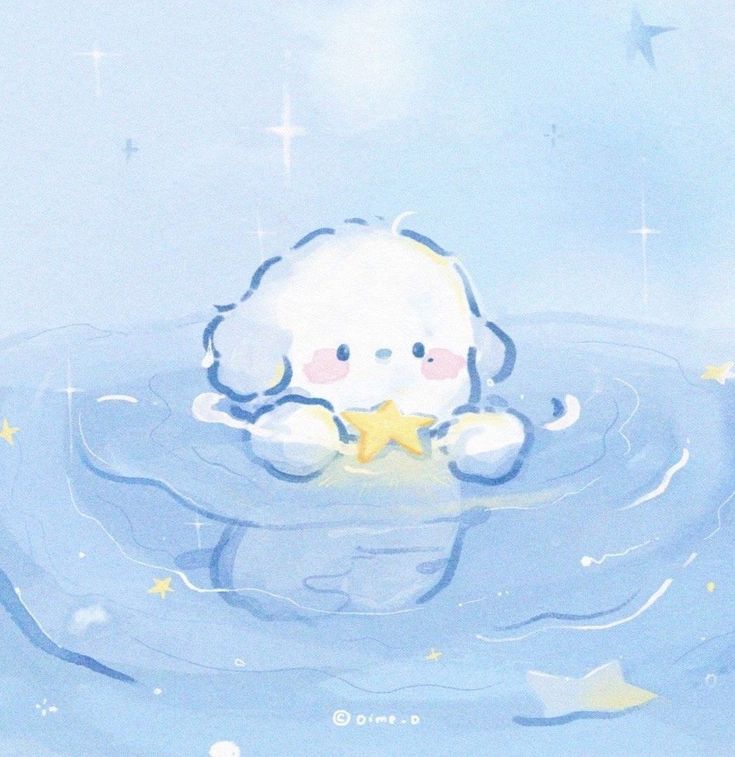 a little white teddy bear sitting in the water with a star on its chest and eyes closed