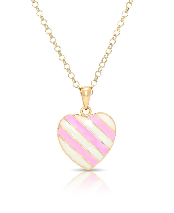 Striped Heart Pendant – Lily Nily Pink Enamel Pendant Necklaces, Pink Pendant Necklace In Enamel, Pink Charm Necklace With Adjustable Chain For Mother's Day, Pink Enamel Jewelry For Mother's Day, Mother's Day Pink Charm Necklace With Adjustable Chain, Pink Heart Charm Necklace With Adjustable Chain, Cute White Necklace With Heart Charm, Pink Adjustable Heart Necklace, Cute White Heart Pendant Jewelry