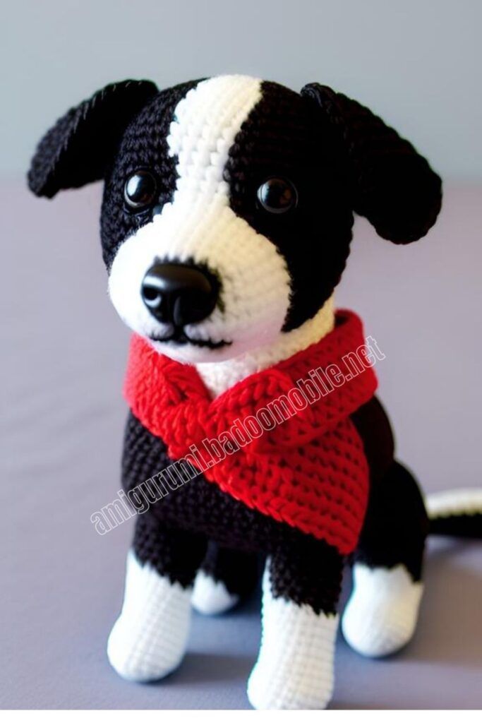 a small black and white dog wearing a red scarf