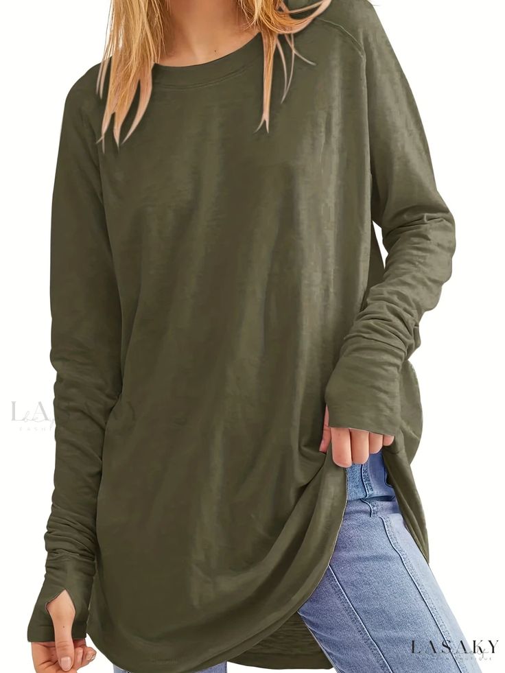 Lasaky - Premium Womens Solid Versatile T-Shirt: Casual Crew Neck Long Sleeve with Thumb Hole Oversized Long Sleeve Shirt, Casual Long Sleeve Shirts, Long Sleeve Tops Casual, Round Neck Tops, Tunic Shirt, Long Sleeve Tunic, Thumb Holes, Casual Pullover, Women's Casual