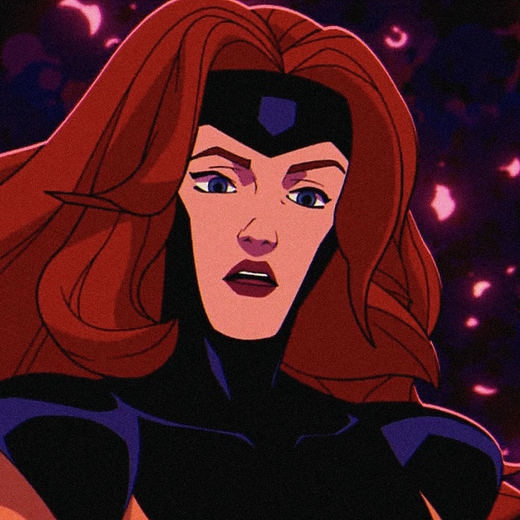 an animated image of a woman with red hair and blue eyes, wearing a black cat suit