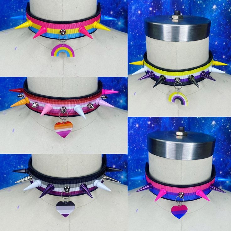 four pictures of different types of collars with spikes and hearts on each one side