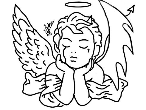 an angel with wings and a halo on his head is shown in black and white