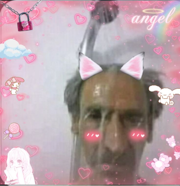 a man with pink eyes and cat ears on top of his head is reflected in a mirror