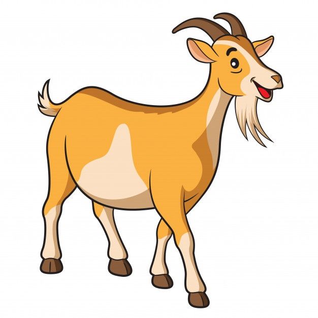 a cartoon goat with long horns standing and smiling