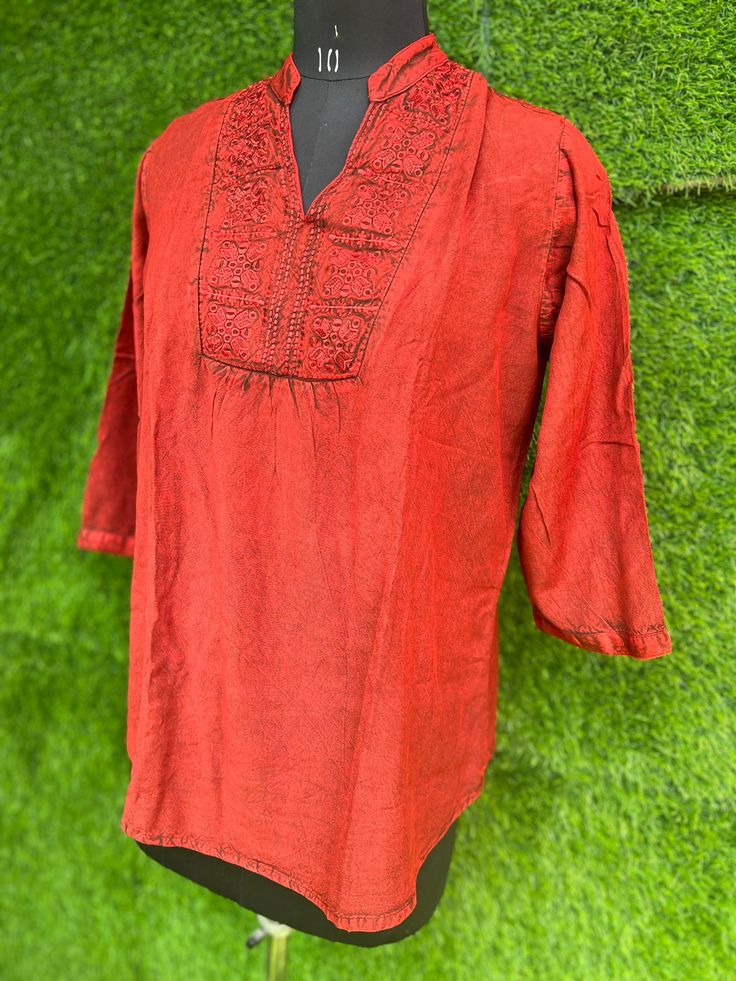 Product details:- Red A-line kurti ,has a band neck, three quarter sleeves flared hem. Material:-viscose rayon  Hand wash Breast:22 Length:28 Red Straight Kurta For Spring, Red Straight Kurta Top For Festive Occasions, Casual Cotton Kurta With Half Sleeves, Red Cotton Long Sleeve Tunic, Casual Red Cotton Kurta, Red Long Sleeve Cotton Tunic, Traditional Half-sleeve Cotton Kurta, Red Cotton Tunic Kurta, Red Cotton Straight Kurta Tops