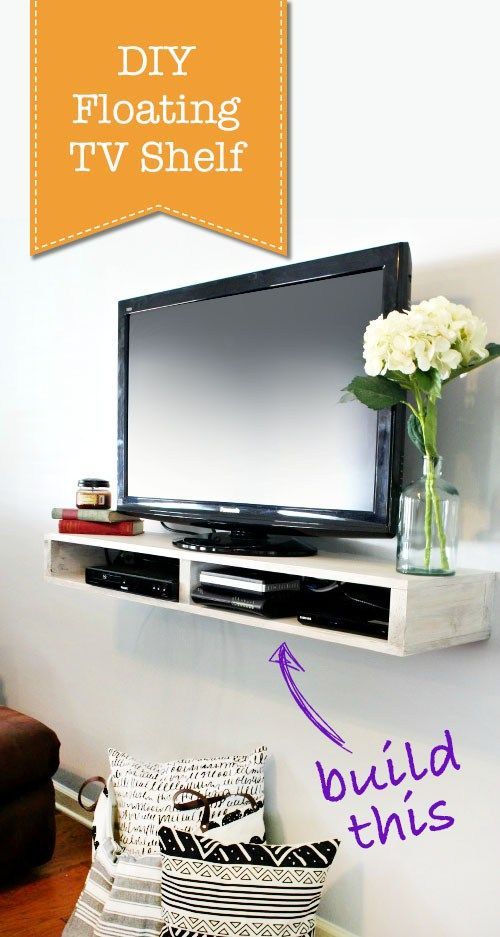 diy floating tv shelf with built - in shelving for the flat screen television