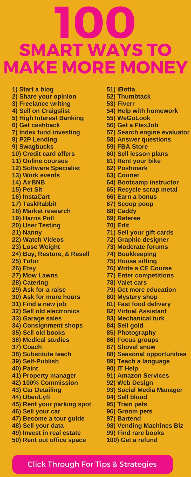 a yellow and pink poster with the words 100 smart ways to make more money