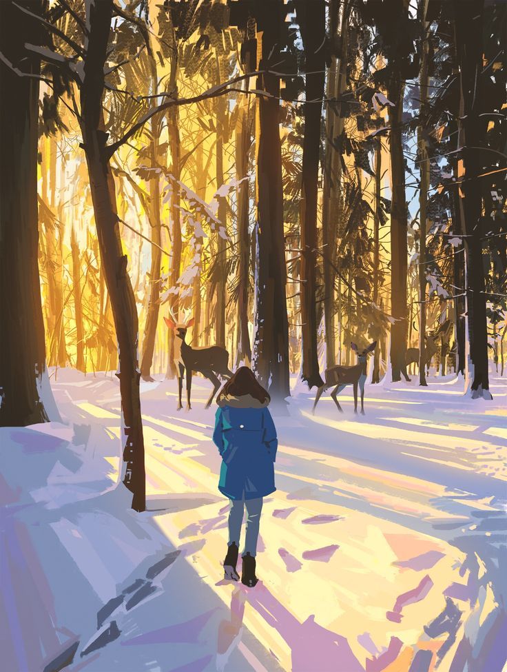 a painting of a person walking in the snow with a deer on their back and trees behind them