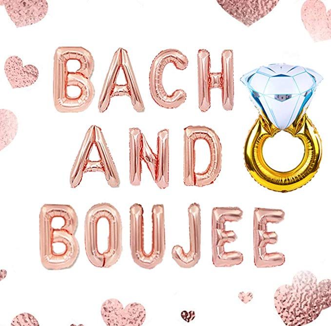 the words bach and bouee are surrounded by heart shaped confetti balloons