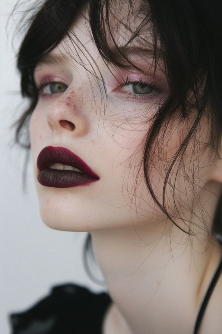 #black lipstick Deep Makeup Looks, Dark Lips Makeup Look, Cute Goth Makeup Looks, Dark Lipstick Aesthetic, Dark Purple Lipstick Makeup, Dark Lip Makeup Look, Black Outfit Makeup, Red And Black Lipstick, Black Hair Red Lipstick