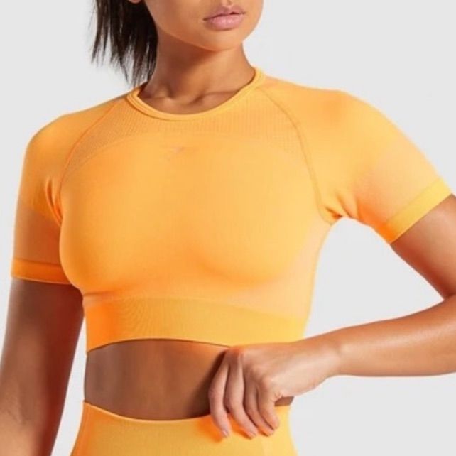 Nwt Never Worn Fitted Orange Gym Tops, Fitted Orange Top For Gym, Orange Fitted Workout Tops, Fitted Orange Workout Tops, Orange Stretch Sports Tops, Orange Stretch Tops For Sports, Stretch Orange Tops For Sports, Orange Stretch Crop Top With Short Sleeves, Sporty Orange Seamless Top