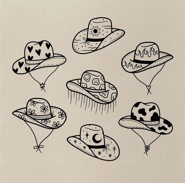 six different hats are drawn in black ink on white paper, each with a star and crescent