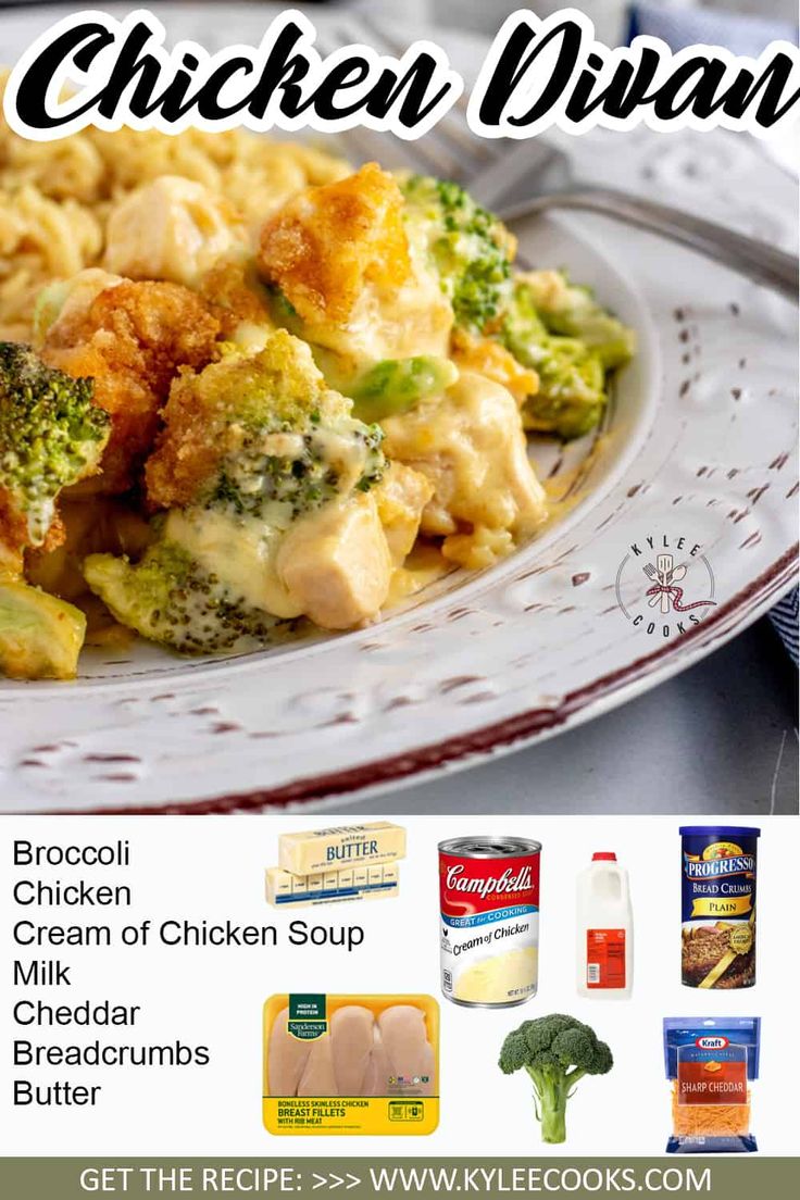 an advertisement for chicken dish with broccoli and cheese on the side, along with other ingredients