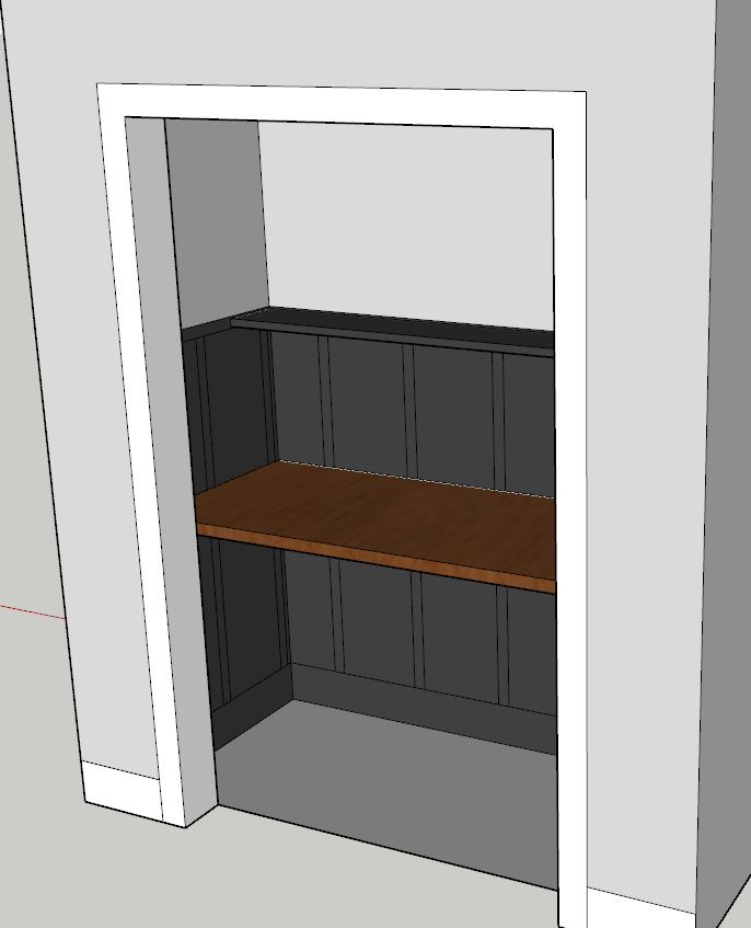 an empty shelf in the corner of a room with no doors or shelves on it