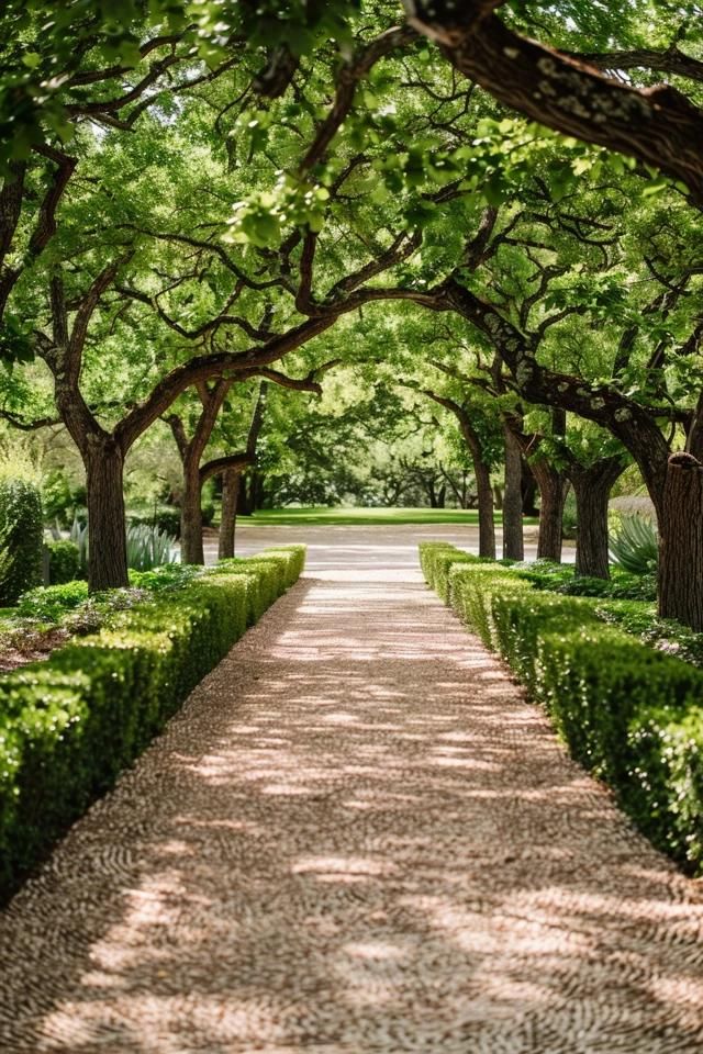 Tree Lined Driveway Ideas to Elevate Your Home Crape Myrtle Driveway, Long Driveway Ideas Country Roads, Long Driveway House, Oak Tree Lined Driveway, Bushes Lining Driveway, Southern Driveway Entrance, Crepe Myrtle Lined Driveway, Hedge Lined Driveway, Tree Lined Road