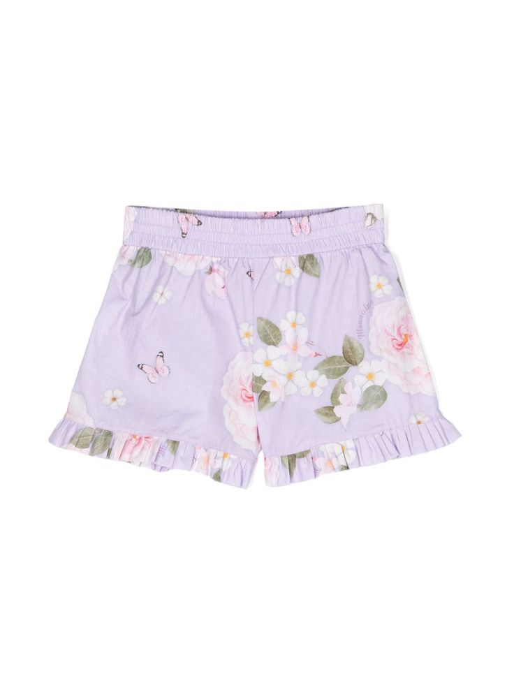 lilac purple, multicolour cotton poplin texture patterned floral print pleated edge unlined thigh-length elasticated waistband Spring Cotton Bloomers With Ruffles, Cotton Bloomers With Ruffles For Spring, Spring Cotton Short Length Bloomers, Spring Cotton Bloomers Short Length, Spring Cotton Bloomers With Short Length, Cotton Bloomers For Spring, Purple Cotton Bottoms For Daywear, Spring Floral Print Cotton Bloomers, Cute Purple Cotton Bottoms