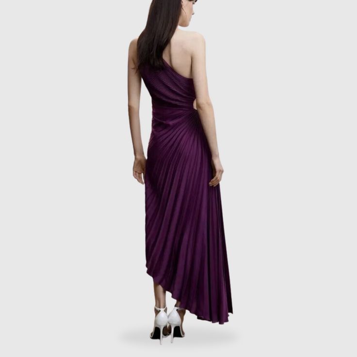 Purple One Shoulder Pleated Dress – ADONIS BOUTIQUE A-line Midi Dress With Accordion Pleats For Party, Ruched A-line Pleated Party Dress, Satin Gala Dress With Accordion Pleats, Spring Gala Dress With Folds, Spring Pleated Pre-draped Midi Dress, Evening Draped Maxi Dress With Pleated Back, Evening Satin Maxi Dress With Folds, Evening Maxi Dress With Pleated Back And Draped Shape, Spring Party A-line Pleated Dress