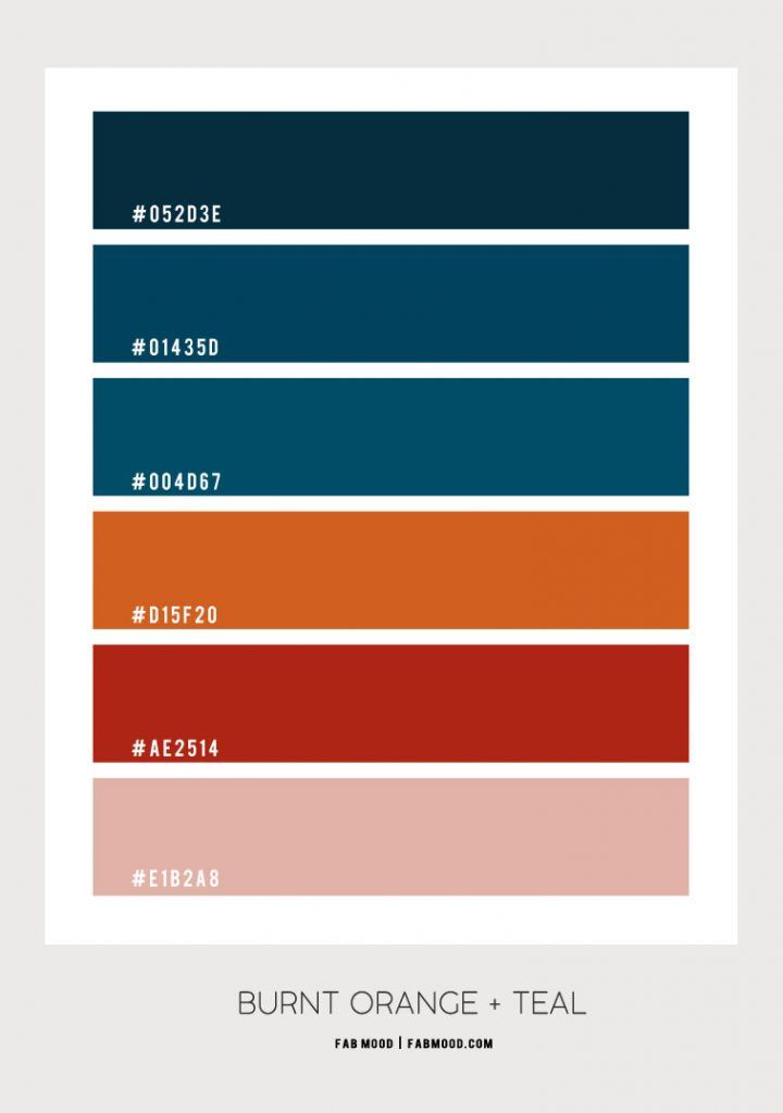 the color scheme for burnt orange and teal is shown in shades of blue, red,