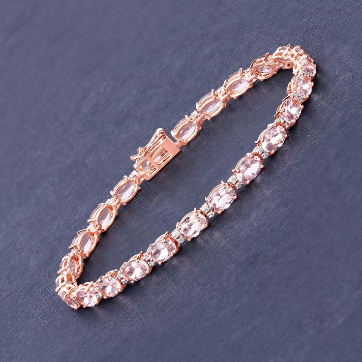 "14k Gold Morganite Bracelet, Genuine Morganite and Diamond Rose Gold Tennis Bracelet, Bridal Rose Gold Bracelet, Morganite Bridal Bracelet Upgrade your tennis bracelet collection with this vibrant piece. Graced by the color of royalty, this bracelet features 8.95 ct. t.w. of majestic oval morganite gemstones. Set in polished 14k rose gold with fine finish. Box with tongue and safety clasp, morganite bracelet. If you are looking for a unique and feminine jewelry collection, you might want to che Rose Gold Gemstone Bracelet In Fine Jewelry Style, Rose Gold Diamond Bracelet With Gemstone Fine Jewelry, Fine Jewelry Rose Gold Diamond Bracelet With Gemstone, Rose Gold Diamond Bracelet With Gemstone, Rose Gold Gemstone Bracelet, Rose Gold Gemstone Tennis Bracelet, Rose Gold Gemstone Bracelet For Wedding, Pink Tennis Bracelet With 17 Jewels For Wedding, Rose Gold Gemstone Bracelets For Wedding