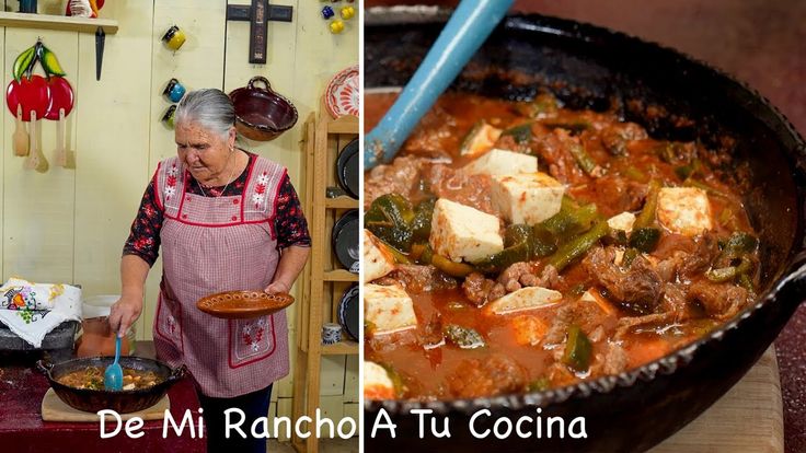 an old woman cooking food in a pot and another photo of the same person preparing it