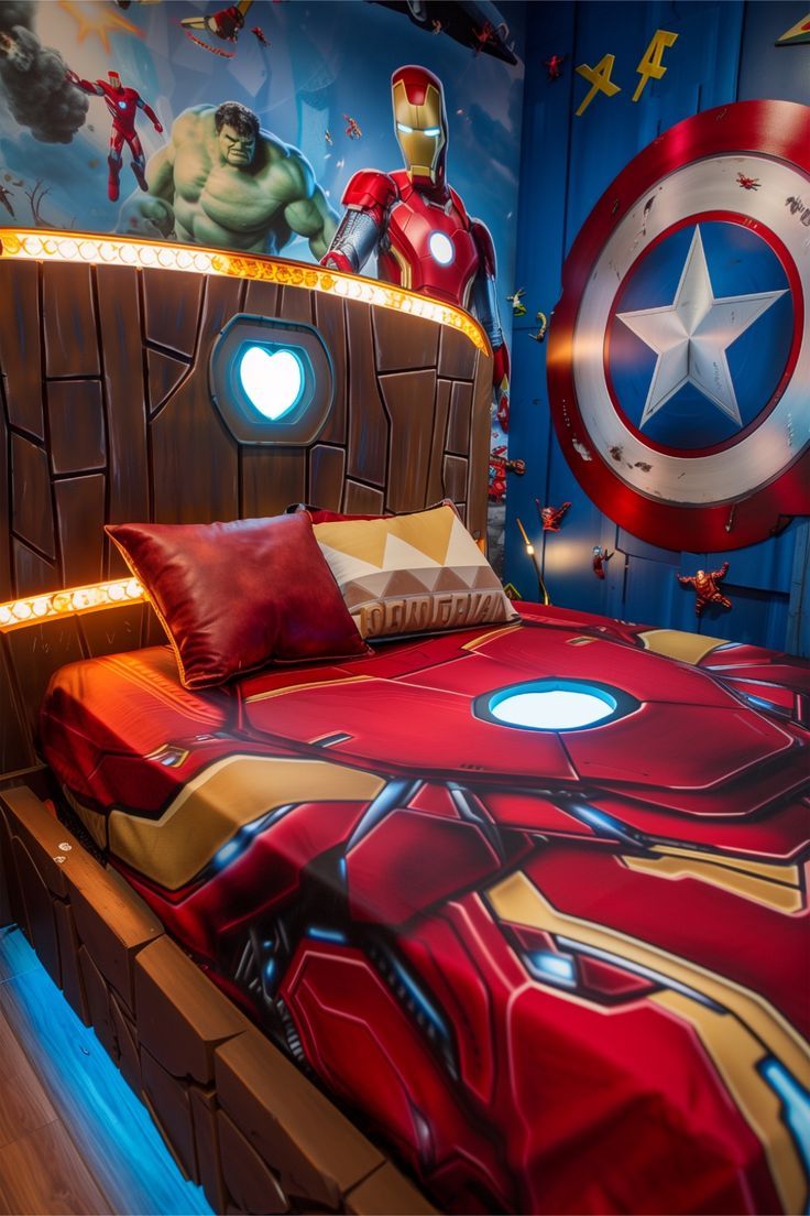 a bedroom with a captain america bed and wall mural