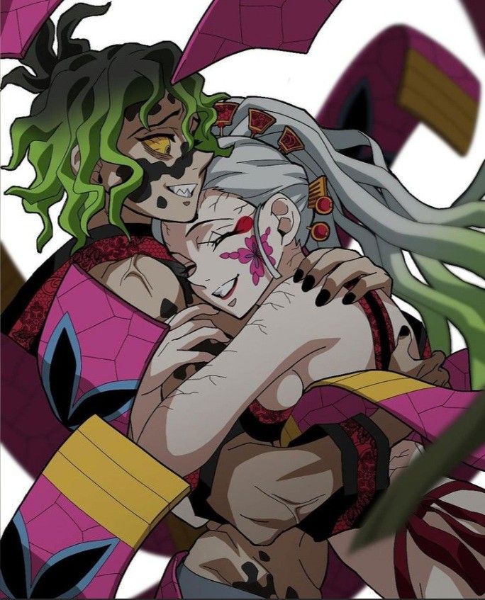 two anime characters hugging each other with their faces covered in makeup and hair, while the background is blurry