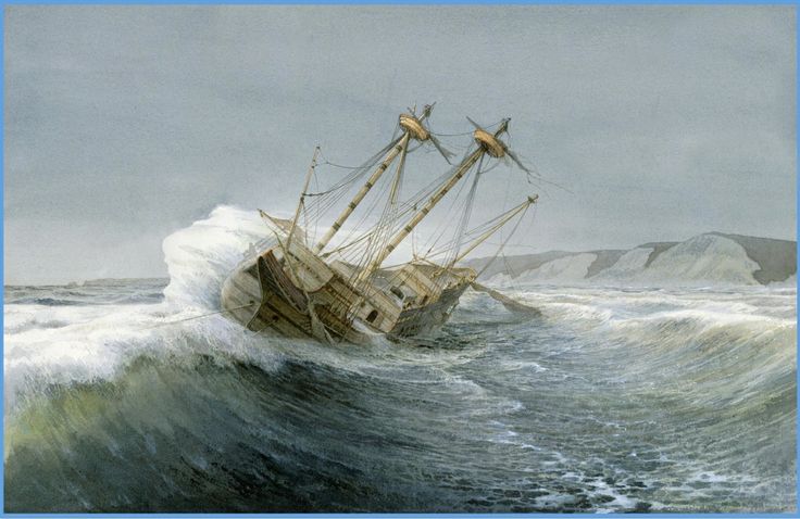 a painting of a ship in rough seas