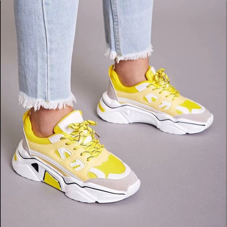 Description In Pictures! Yellow Color Block Lace-up Sneakers, Bold Spring Streetwear Sneakers, Yellow Sporty Lace-up Platform Sneakers, Sporty Yellow Lace-up Platform Sneakers, Trendy Yellow Sneakers For Summer, Trendy Yellow Sneakers For Spring, Yellow High-top Sporty Platform Sneakers, Casual Yellow Platform Sneakers With Round Toe, Trendy Yellow Summer Sneakers