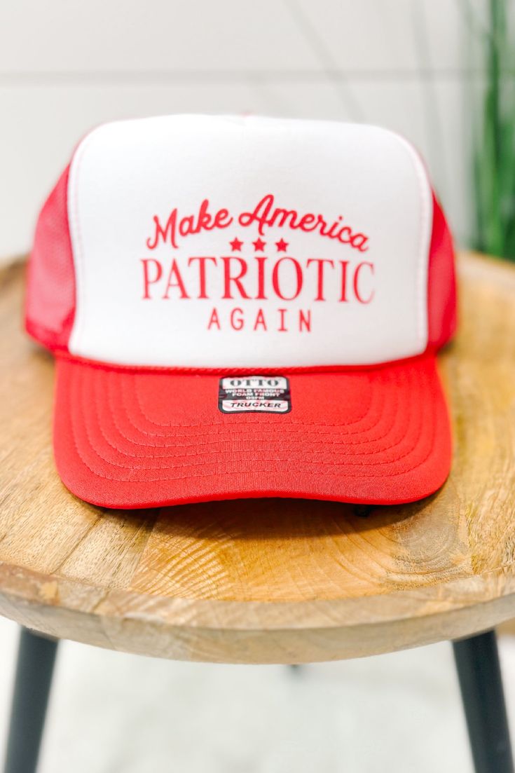 Make American patriotic again!! Red and white trucker cap. Snap back closure, one size fits most. Patriotic Trucker Hat, Hat Business, Hats Ideas, Custom Trucker Hats, All American Girl, Hat Ideas, American Patriot, Donate To Charity, Cute Hats