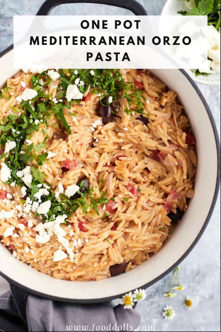 one pot mediterraneanan orzo pasta in a white bowl with parsley on top