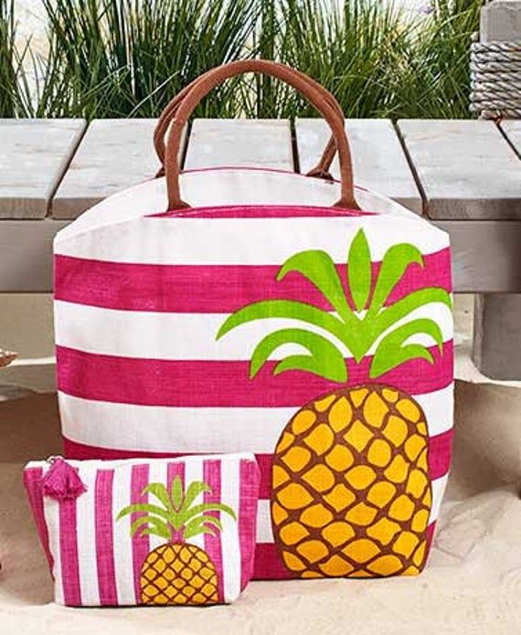 "--------IN STOCK ONLY---WHILE THEY LAST!! THESE WILL NOT LAST LONG! Great gift idea! THESE ARE JUST TOOOOO CUTE JUMBO SIZED WILL HOLD ALL OF YOUR BEACH GEAR Room for your name or monogram. Purchase either individually or as a set. Very stylish for use as a handbag, beach bag, or exercise tote. The tote has an inside pocket for holding sunglasses or a cell phone and 2 long handles for easy carrying. The pouch has a full zip closure with a tassel pull. Tote, 21-1/2\"W x 8\"D x 17\"H, with a 6-1/2 White Beach Bag For Vacation Shopping, White Pouch Beach Bag For Shopping, White Bags For Poolside Vacation, White Beach Bag For Poolside Vacation, White Beach Bag For Vacation Poolside, White Bags For Poolside And Vacation, White Tropical Beach Bag For Summer, White Summer Bag For Poolside, White Summer Beach Bag For Poolside