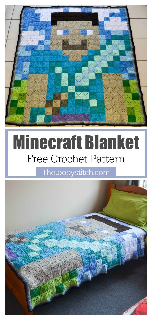 the finished minecraft blanket is shown with text overlay that reads free crochet pattern