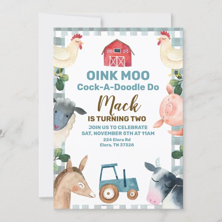 Blue Plaid Farm And Tractor Birthday Invitation | Zazzle Tractor Birthday Invitations, Second Birthday Boys, Farm Animals Birthday, Animals Birthday Party, Tractor Birthday Party, 2nd Birthday Party For Boys, Barnyard Birthday Party, Farm Birthday Invitation, Farm Theme Birthday