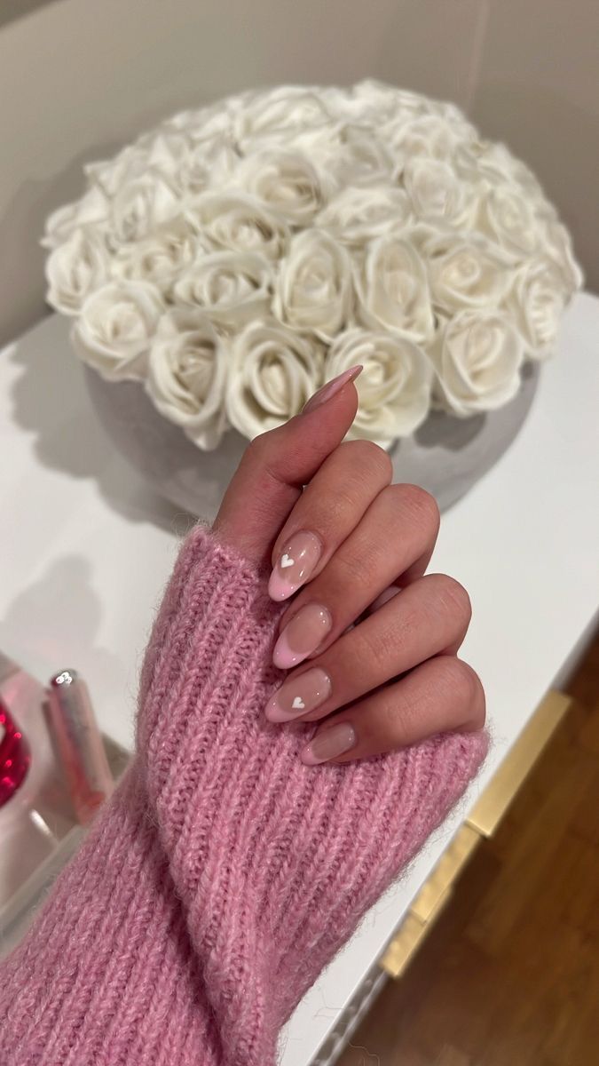 Almond Nails February 2024, Cute Oval Valentines Nails, Valentines Almond Nails Short, February Nails Ideas Almond Shape, Short Almond Acrylic Nails Valentines, Oval Valentines Nails Pink, Simple Vday Nails Almond, Pink French Valentine Nails, Baby Pink Nails Valentines