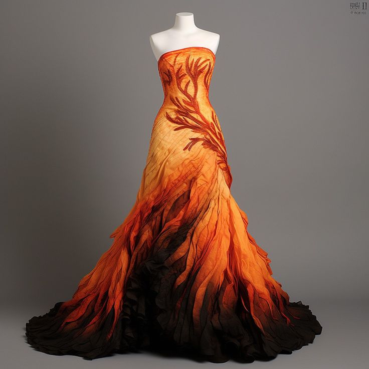 Fire Elf Costume, Catness Everdeen Fire Dress, Flame Inspired Dress, Fire Dress Gowns Ball, Fire And Ice Prom Theme Dress, Sunset Dress Gowns, Autumn Inspired Fantasy Dress, Fire Inspired Gown, Fire And Ice Formal Dress