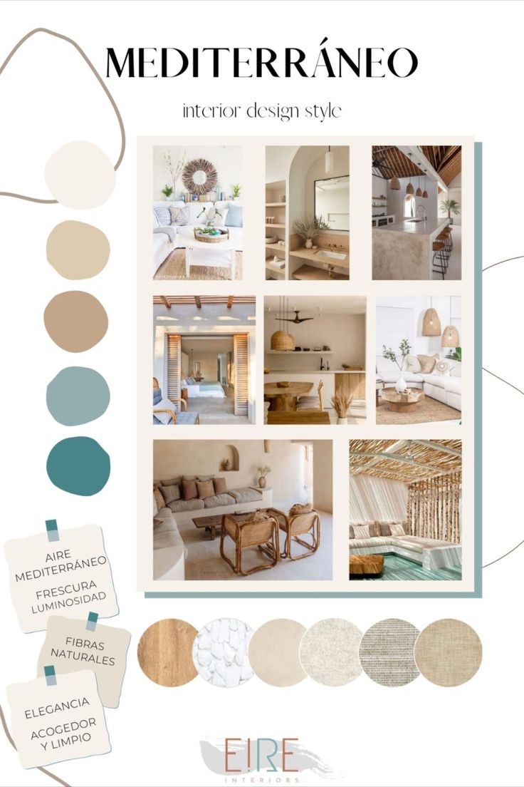 the interior design style guide for midterraneo, featuring neutrals and blues