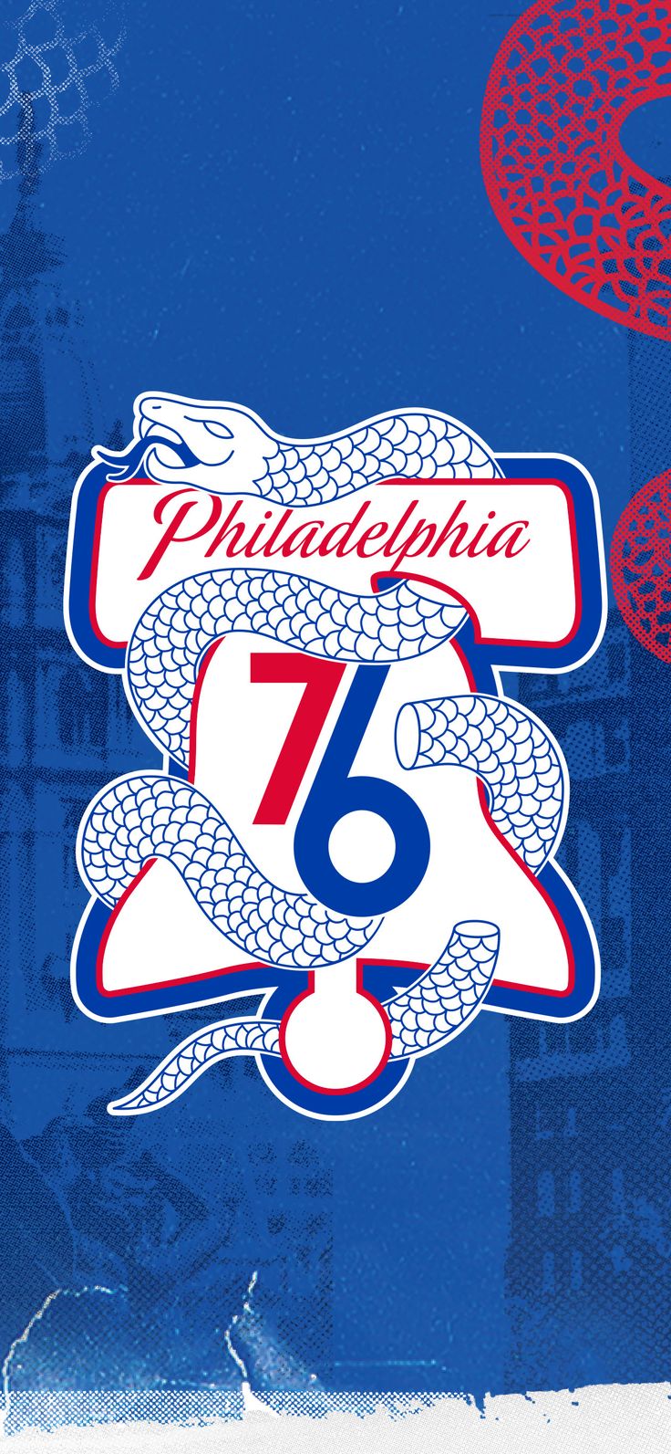 the philadelphia 76's logo on a blue background with red and white snakes around it