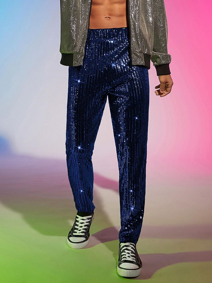 These dress pants feature a unique blend of sequined glitter fabric that adds a fashionable and stylish look to any wardrobe. They are crafted in a slim fit for an enhanced silhouette and come in a variety of colors to match any outfit. They offer a luxurious feel and give any outfit a high-end finish. 94% Polyester, 6% Elastane Imported Pull On closure Hand Wash Only Blue Sequin Fabric For Party Season Night Out, Blue Sequin Fabric For Party Season And Night Out, Fitted Bottoms With Contrast Sequin For Night Out, Fitted Contrast Sequin Bottoms For Night Out, Fitted Contrast Sequin Bottoms For Party, Fitted Sequin Bottoms For Party, Disco Style Contrast Sequin Bottoms For Spring, Contrast Sequin Pants For Night Out In Fall, Blue Fitted Sequin Fabric For Night Out