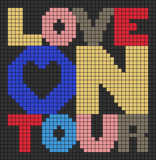 a cross stitch pattern with the word love spelled in different colors