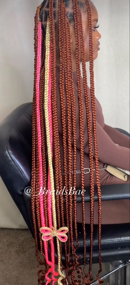 Knotless Box Braids With Butterfly, Knotless Butterfly Braids Hairstyles, Brown And Blonde Bohemian Knotless, Pink Brown Blonde Braids, Black Pink And Blonde Knotless Braids, Honey Brown And Pink Braids, Pink And Blonde Braids With Beads, Colour Combo Braids, Blonde And Pink Knotless