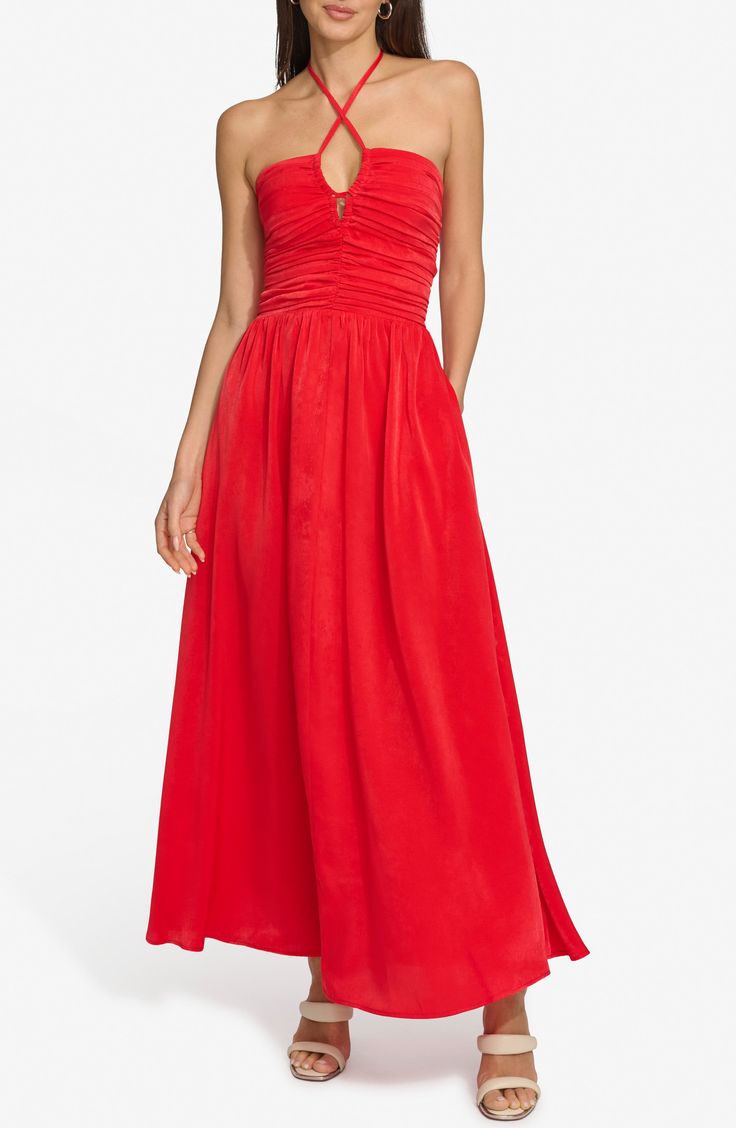 DKNY Ruched Halter Satin Maxi Dress | Nordstrom Satin Halter Neck Ruched Maxi Dress, Satin Halter Neck Maxi Dress With Ruched Details, Silk Ruched Maxi Dress For Date Night, Strapless Ruched Halter Dress For Evening, Satin Ruched Halter Neck Maxi Dress, Evening Halter Neck Ruched Maxi Dress, Sleeveless Ruched Halter Dress For Prom, Party Maxi Dress With Smocked Bodice, Evening Maxi Dress With Smocked Fitted Bodice