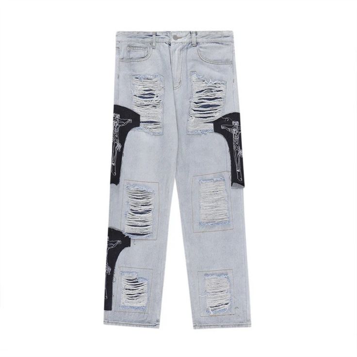 Introducing our latest addition to the High Street collection - the Ripped Patch Straight Jeans. These jeans are designed to elevate your street style with their edgy and trendy look. Made from high-quality denim, these jeans are durable and comfortable to wear all day long. The straight fit of these jeans is perfect for any body type, providing a flattering silhouette. The ripped and patched details add a touch of uniqueness and character to the overall design. These jeans are versatile and can be dressed up or down, making them a must-have in every wardrobe. Trendy Denim Blue Pants With Zip Fly, High Rise Jeans With Zipper For Streetwear, High-rise Jeans With Zipper For Streetwear, High-rise Jeans With Zipper Closure For Streetwear, Edgy Jeans With Zipper Closure, Mid-rise Jeans With Zipper Closure For Streetwear, Edgy Cargo Jeans With Five Pockets, Urban Cotton Jeans For Streetwear, Mid-rise Punk Style Bottoms For Streetwear