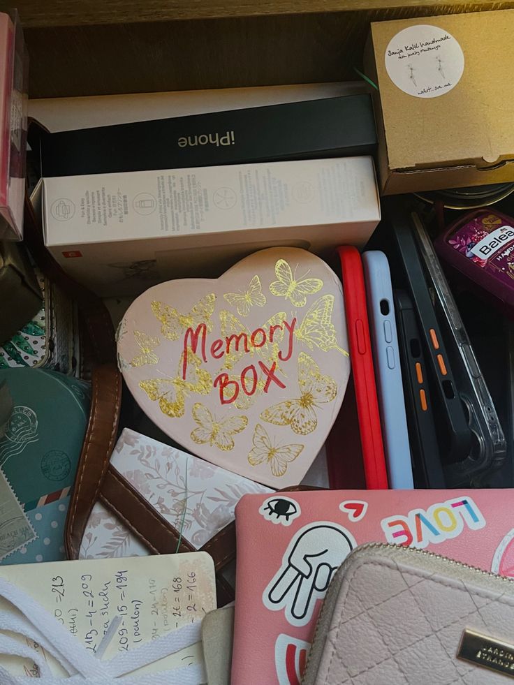 the contents of a memory box are neatly organized